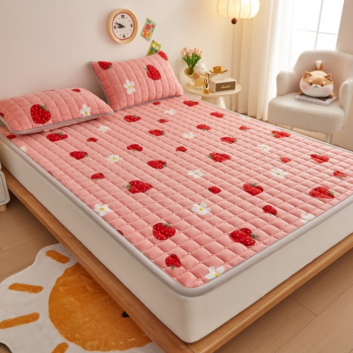 91家纺网 家纺一手货源 找家纺 奇丝雅 2025新款A类牛奶绒床褥床垫软垫家用学生宿舍上下铺寝室床护垫夹棉褥子-大床款套件 草莓物语