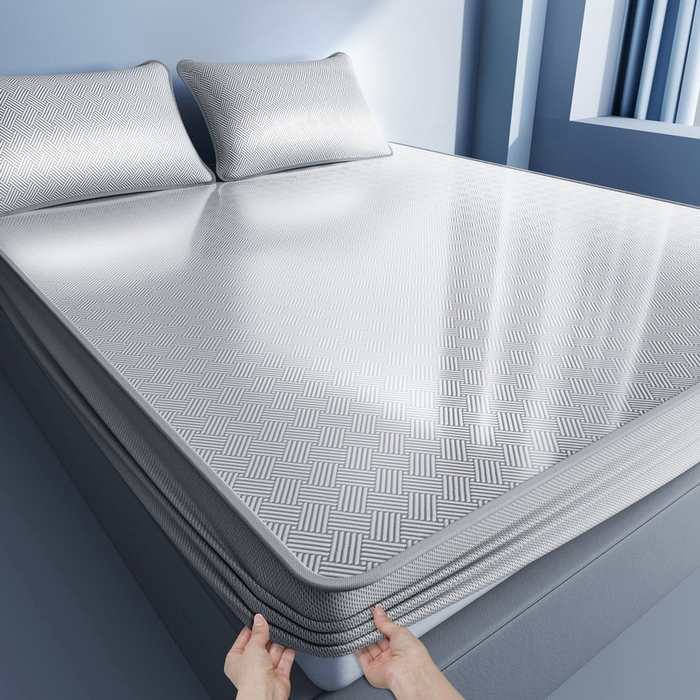 91家纺网 家纺一手货源 找家纺 小叮当家纺仓储工厂店 2025新款凉感三明治冰丝席凉席-芳华系列-床笠款-版本二 芳华床笠-方格纹（灰）