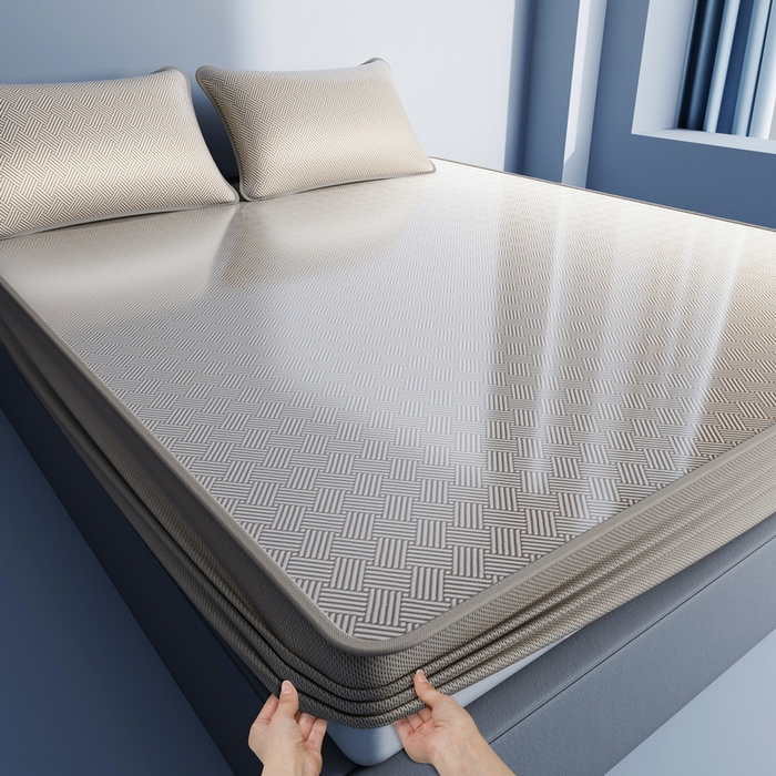 91家纺网 家纺一手货源 找家纺 小叮当家纺仓储工厂店 2025新款凉感三明治冰丝席凉席-芳华系列-床笠款-版本二 芳华床笠-方格纹（咖）