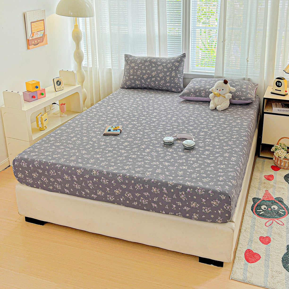 91家纺网 家纺一手货源 找家纺 格真 2025秋冬新款110克高克重提花加厚皱皱纱双层纱印花单床笠 乌木沉香