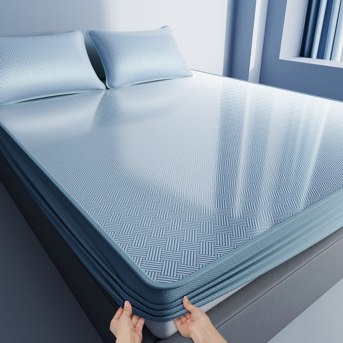 91家纺网 家纺一手货源 找家纺 小叮当家纺仓储工厂店 2025新款凉感三明治冰丝席凉席-芳华系列-床笠款-版本二 芳华床笠-方格纹（蓝）