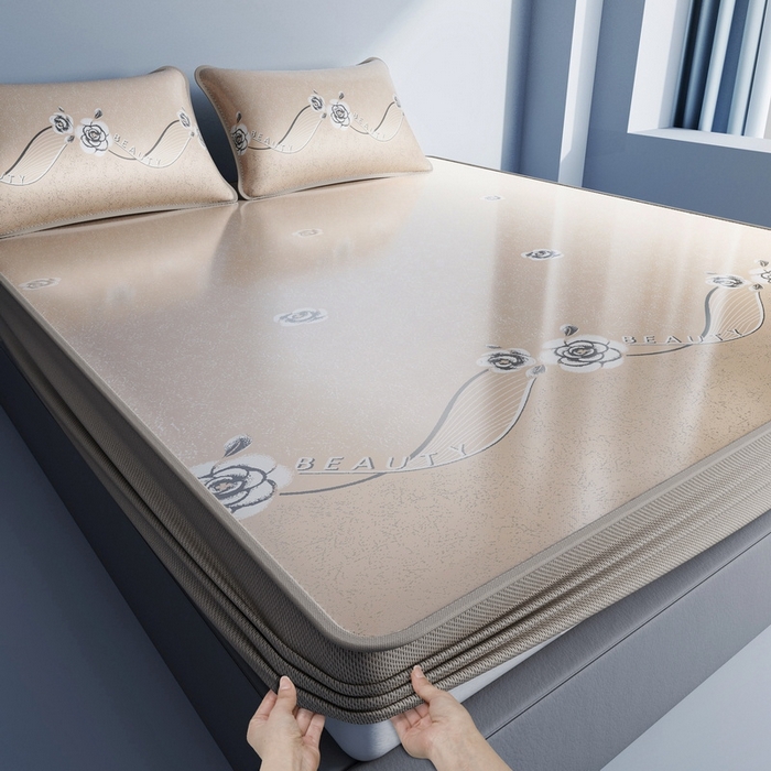 91家纺网 家纺一手货源 找家纺 小叮当家纺仓储工厂店 2025新款凉感三明治冰丝席凉席-芳华系列-床笠款-版本二 芳华床笠-花朵（咖）