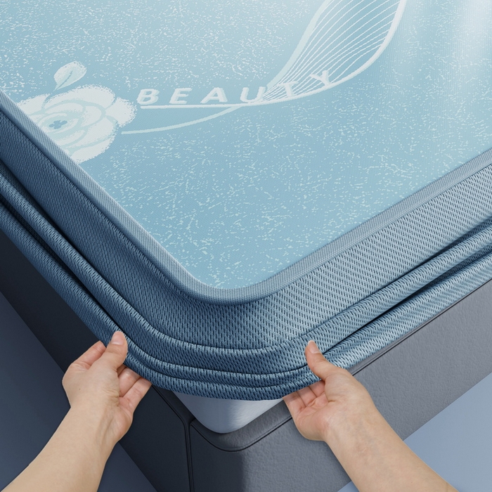 91家纺网 家纺一手货源 找家纺 小叮当家纺仓储工厂店 2025新款凉感三明治冰丝席凉席-芳华系列-床笠款-版本二 芳华床笠-花朵（蓝）