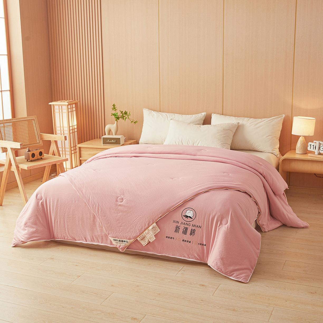 91家纺网 家纺一手货源 找家纺 逸居家纺 2025新款超软木棉100%新疆棉花被被子被芯包质检 粉色-100%新疆棉包质检