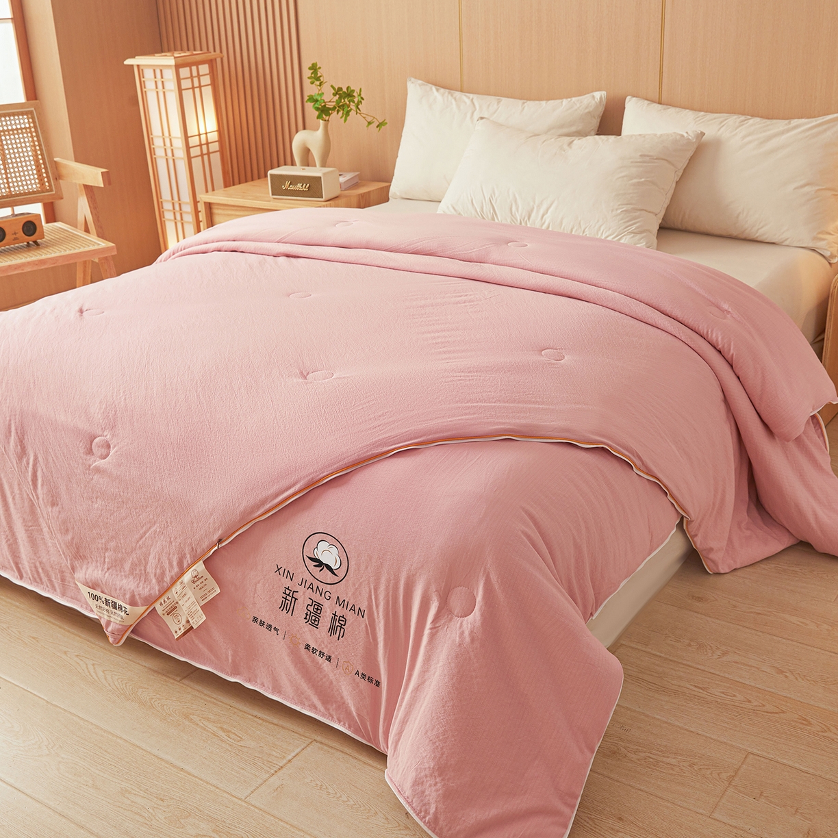 91家纺网 家纺一手货源 找家纺 逸居家纺 2025新款超软木棉100%新疆棉花被被子被芯包质检 粉色-100%新疆棉包质检