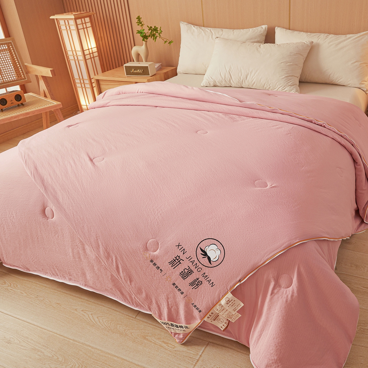 91家纺网 家纺一手货源 找家纺 逸居家纺 2025新款超软木棉100%新疆棉花被被子被芯包质检 粉色-100%新疆棉包质检