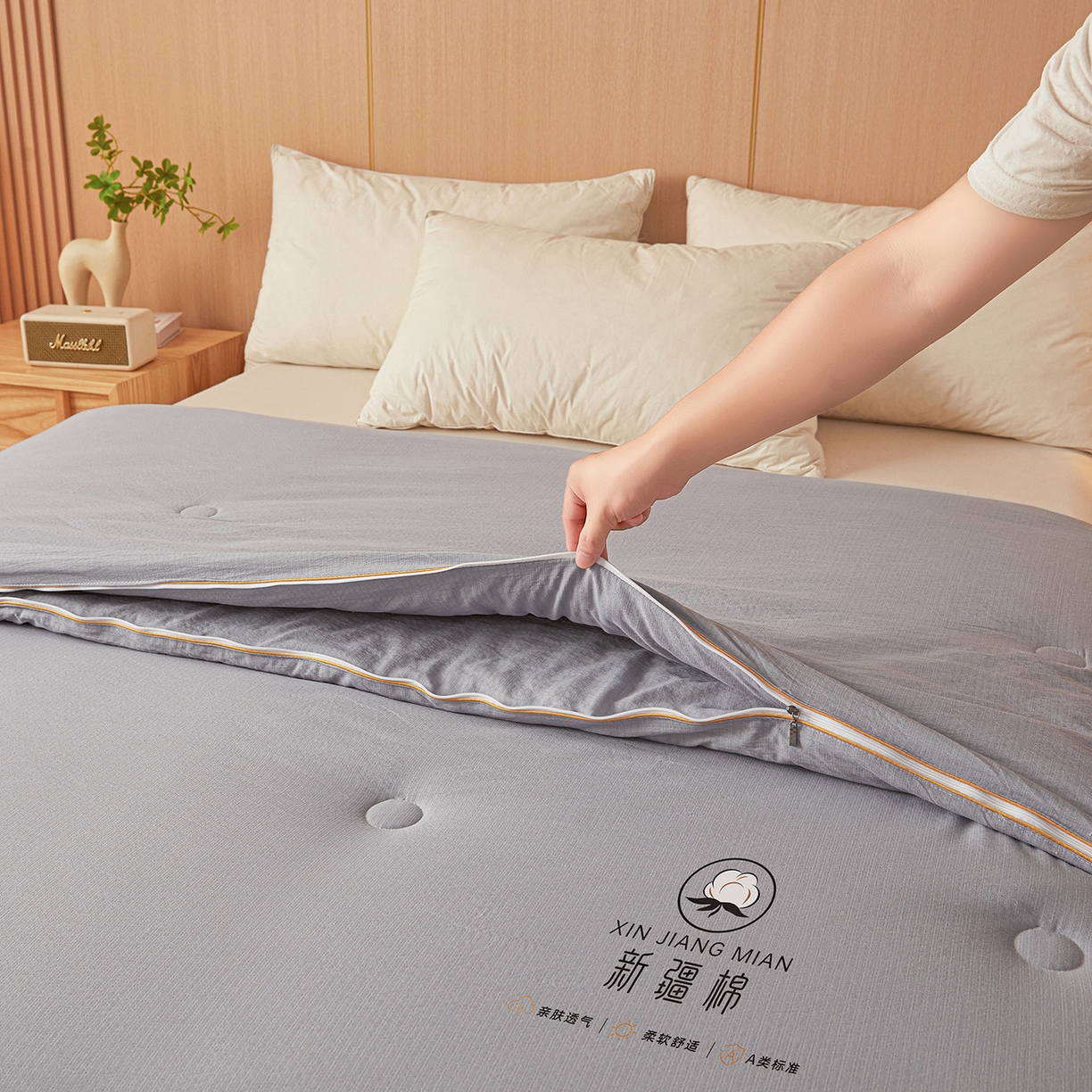 91家纺网 家纺一手货源 找家纺 逸居家纺 2025新款超软木棉100%新疆棉花被被子被芯包质检 灰色-100%新疆棉包质检