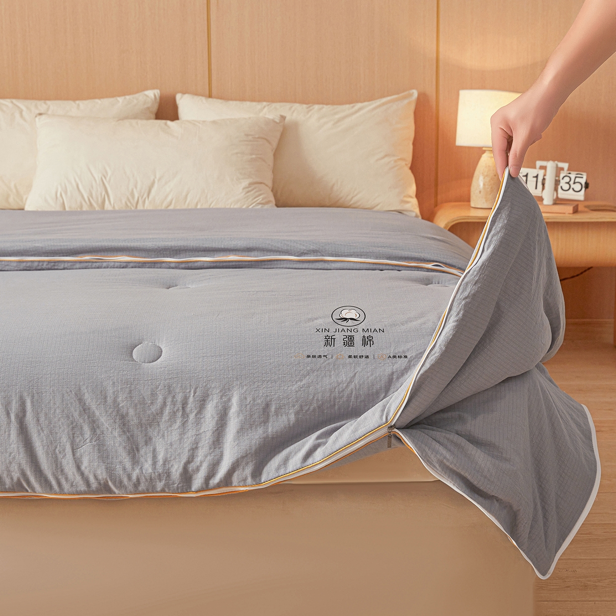 91家纺网 家纺一手货源 找家纺 逸居家纺 2025新款超软木棉100%新疆棉花被被子被芯包质检 灰色-100%新疆棉包质检