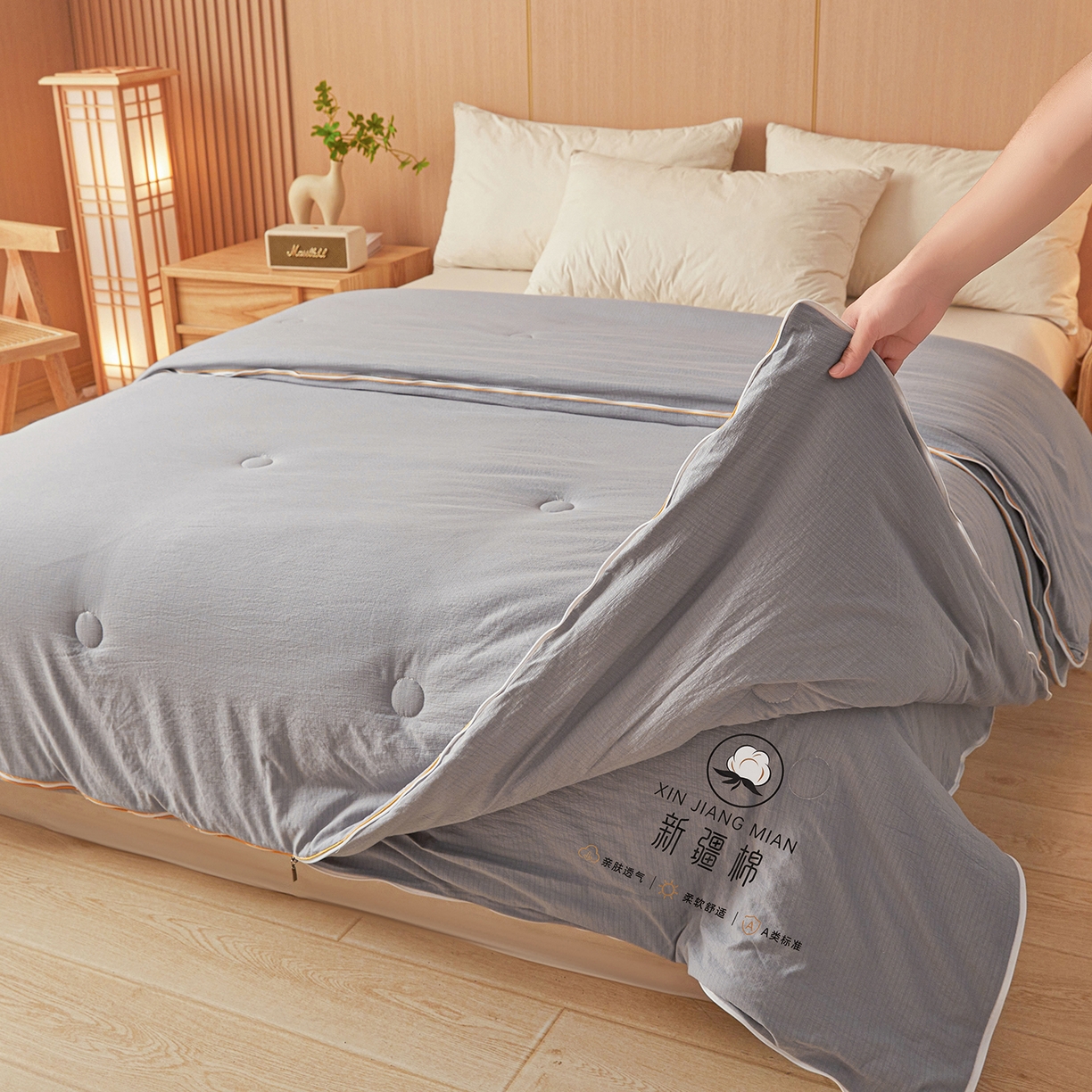 91家纺网 家纺一手货源 找家纺 逸居家纺 2025新款超软木棉100%新疆棉花被被子被芯包质检 灰色-100%新疆棉包质检