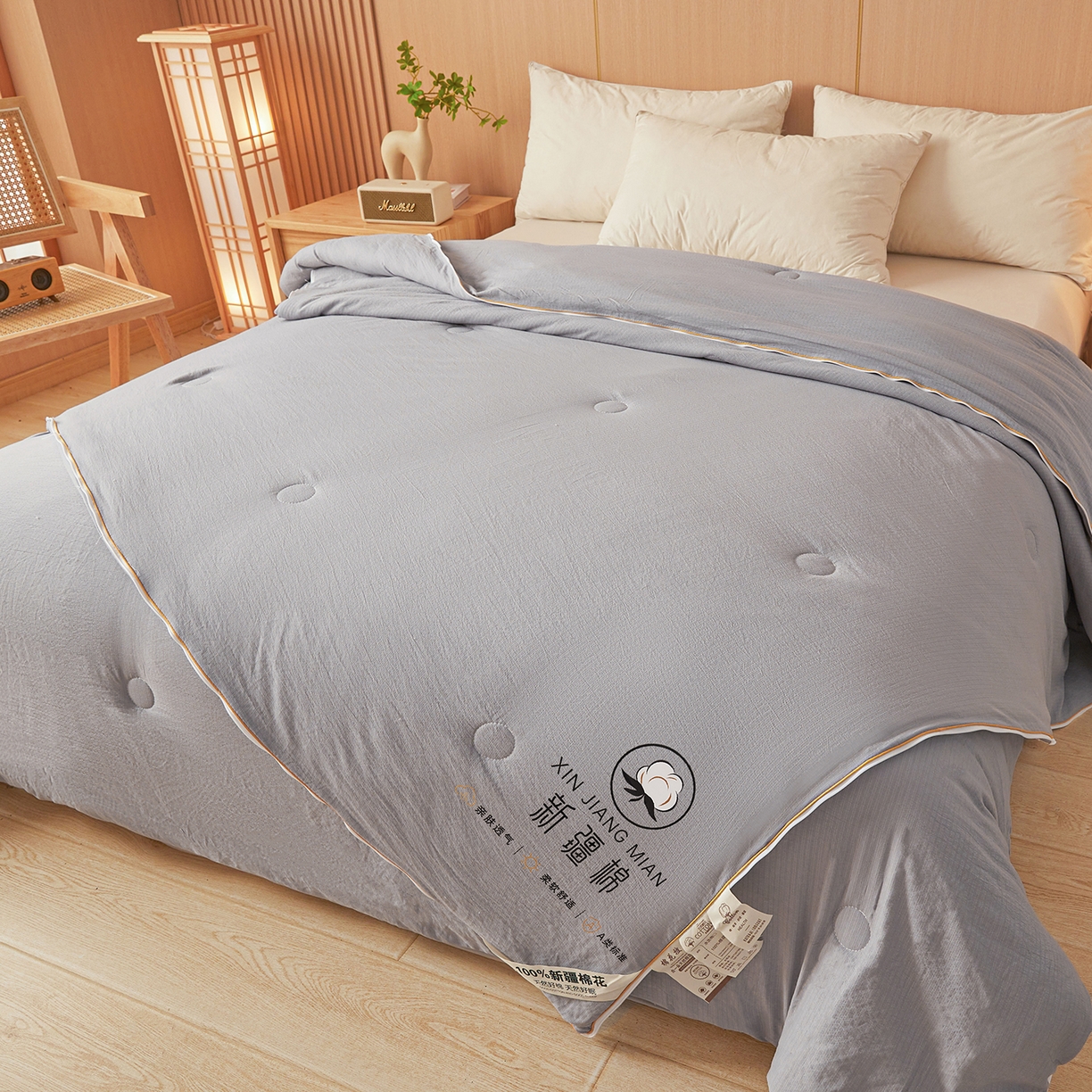91家纺网 家纺一手货源 找家纺 逸居家纺 2025新款超软木棉100%新疆棉花被被子被芯包质检 灰色-100%新疆棉包质检