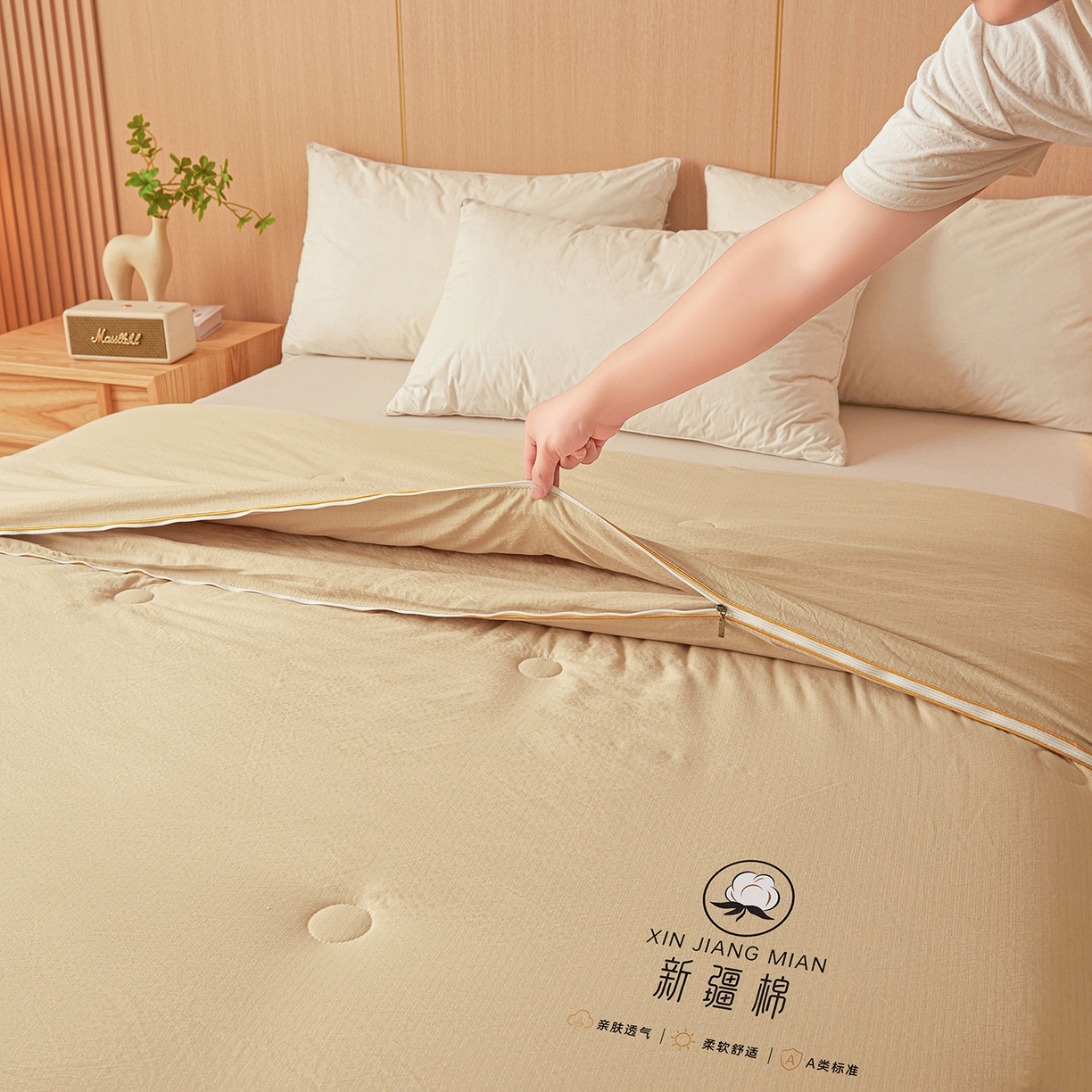 91家纺网 家纺一手货源 找家纺 逸居家纺 2025新款超软木棉100%新疆棉花被被子被芯包质检 咖色-100%新疆棉包质检