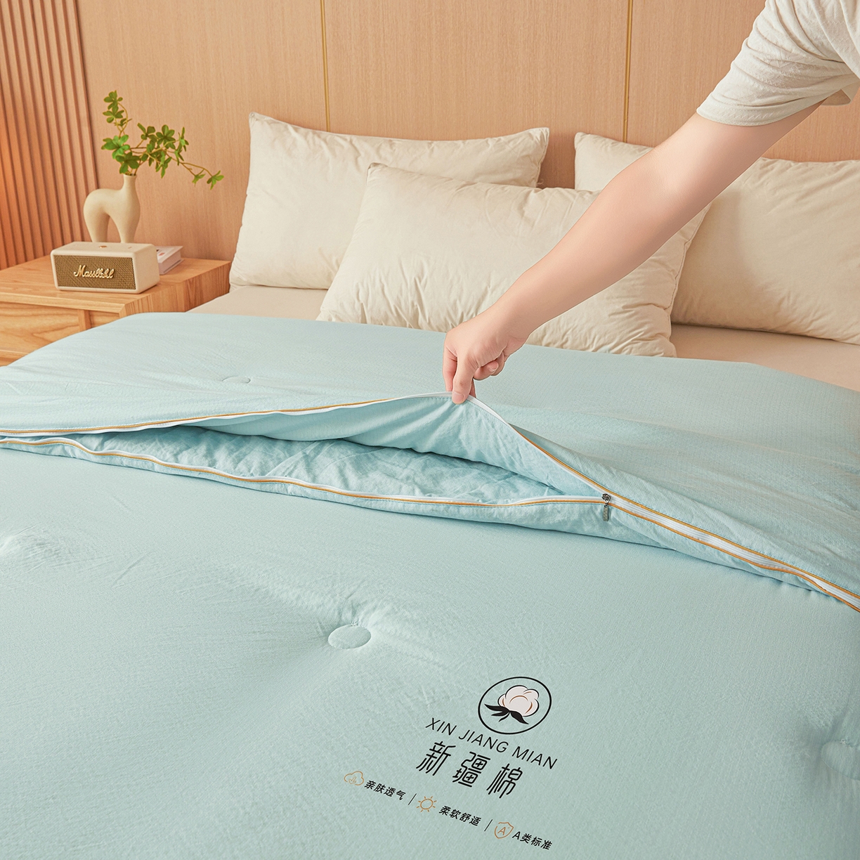 91家纺网 家纺一手货源 找家纺 逸居家纺 2025新款超软木棉100%新疆棉花被被子被芯包质检 绿色-100%新疆棉包质检