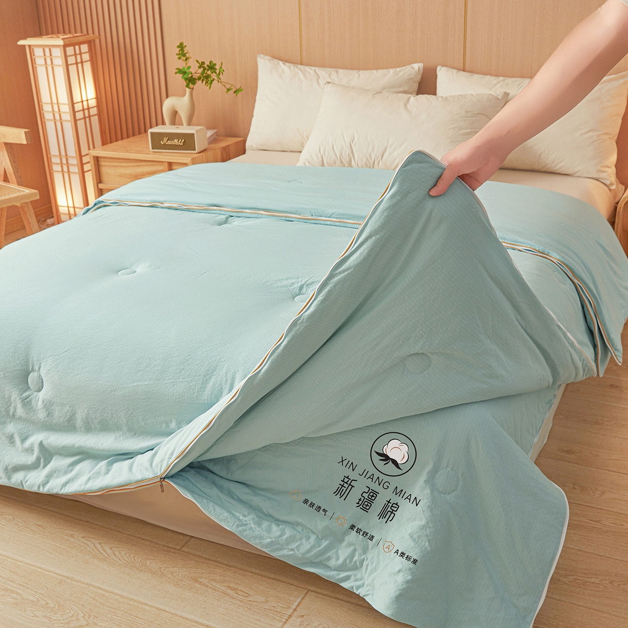 91家纺网 家纺一手货源 找家纺 逸居家纺 2025新款超软木棉100%新疆棉花被被子被芯包质检 绿色-100%新疆棉包质检