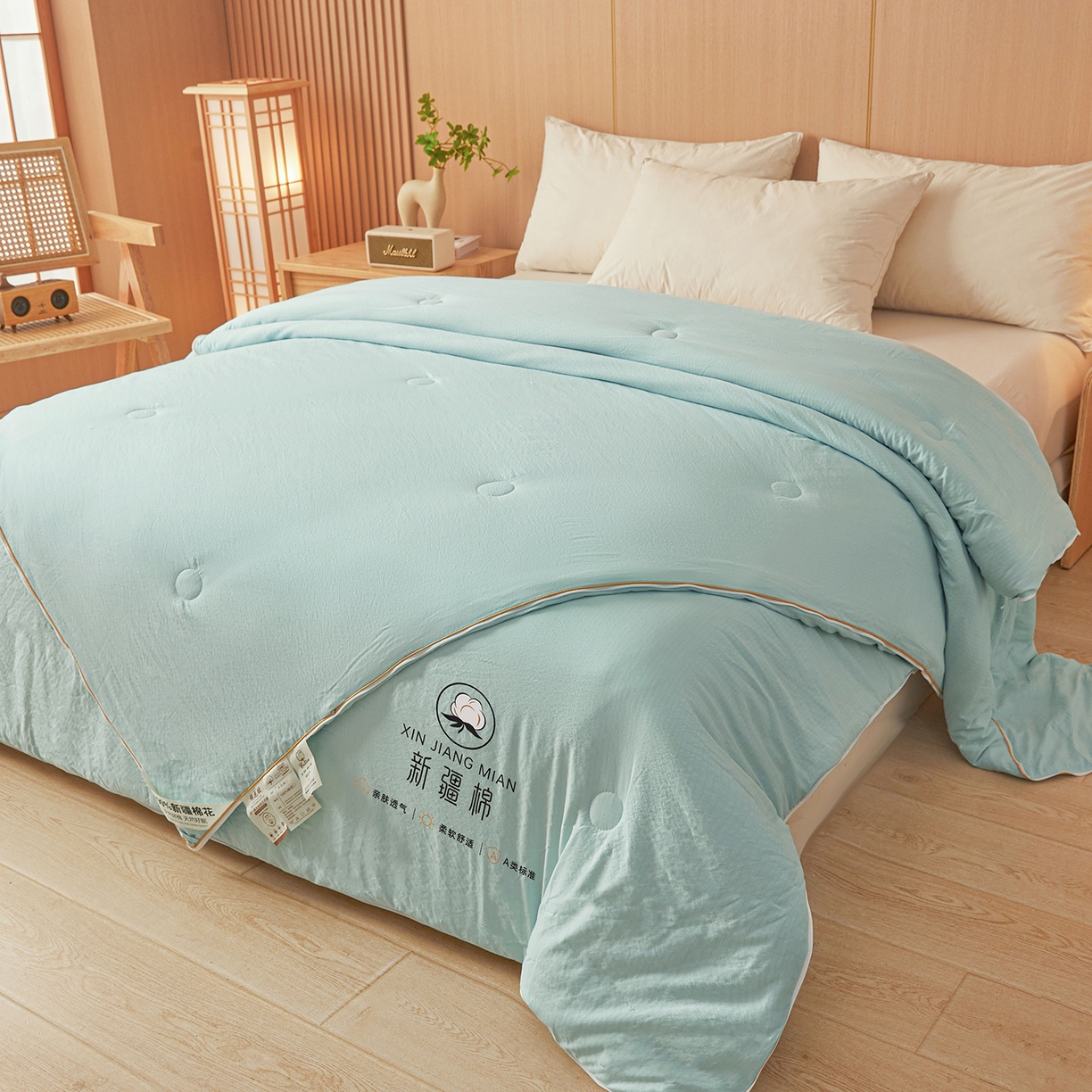 91家纺网 家纺一手货源 找家纺 逸居家纺 2025新款超软木棉100%新疆棉花被被子被芯包质检 绿色-100%新疆棉包质检