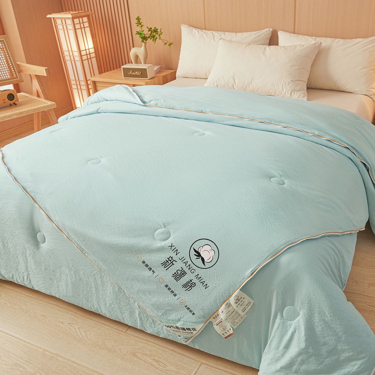 91家纺网 家纺一手货源 找家纺 逸居家纺 2025新款超软木棉100%新疆棉花被被子被芯包质检 绿色-100%新疆棉包质检