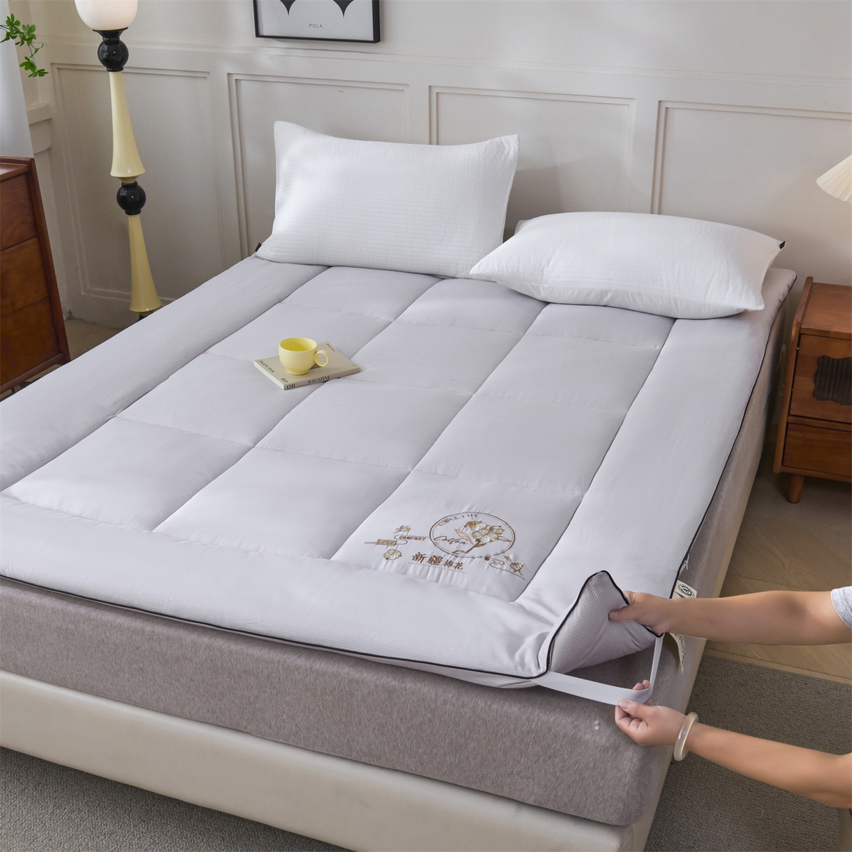 满圆红家纺 2025新款刺绣款A类51%新疆棉花床褥垫软垫棉絮垫子床褥垫子（提供买家秀） 条纹-浅灰