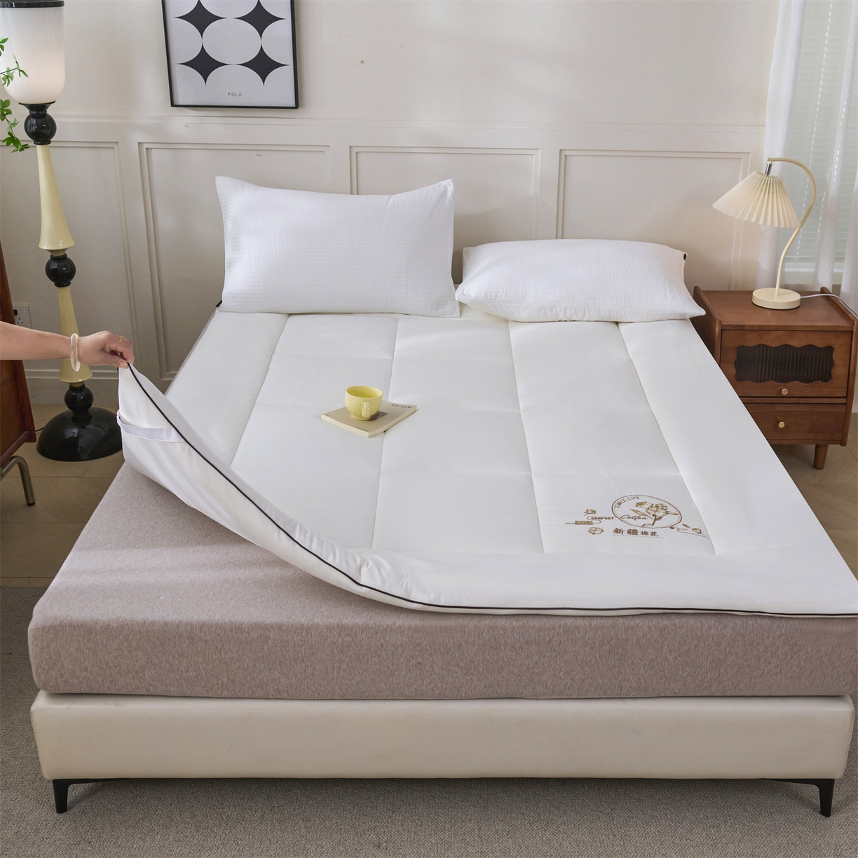 91家纺网 家纺一手货源 找家纺 满圆红家纺 2025新款刺绣款A类51%新疆棉花床褥垫软垫棉絮垫子床褥垫子（提供买家秀） 纯色-米白