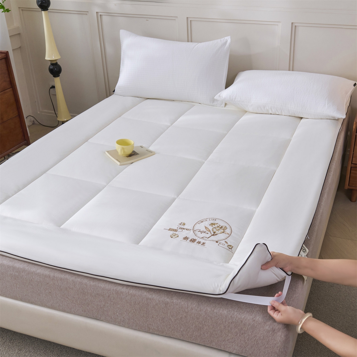 满圆红家纺 2025新款刺绣款A类51%新疆棉花床褥垫软垫棉絮垫子床褥垫子（提供买家秀） 纯色-米白