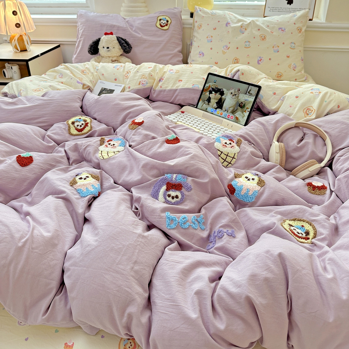 91家纺网 家纺一手货源 找家纺 奈颜 2025新款爆款水洗云朵棉毛巾绣四件套 星黛公主