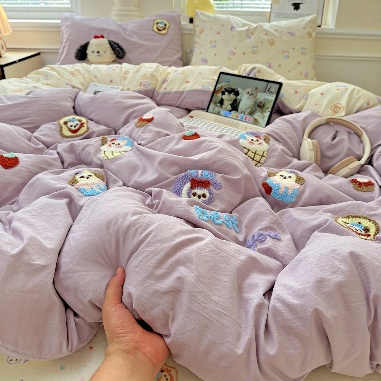 91家纺网 家纺一手货源 找家纺 奈颜 2025新款爆款水洗云朵棉毛巾绣四件套 星黛公主