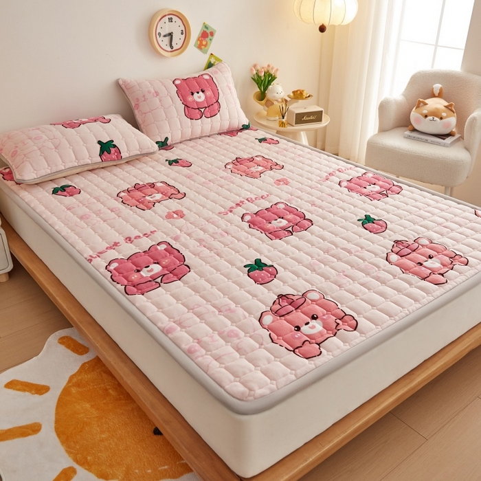 91家纺网 家纺一手货源 找家纺 奇丝雅 2025新款A类牛奶绒床褥床垫软垫家用学生宿舍上下铺寝室床护垫夹棉褥子-大床款单件 草莓熊