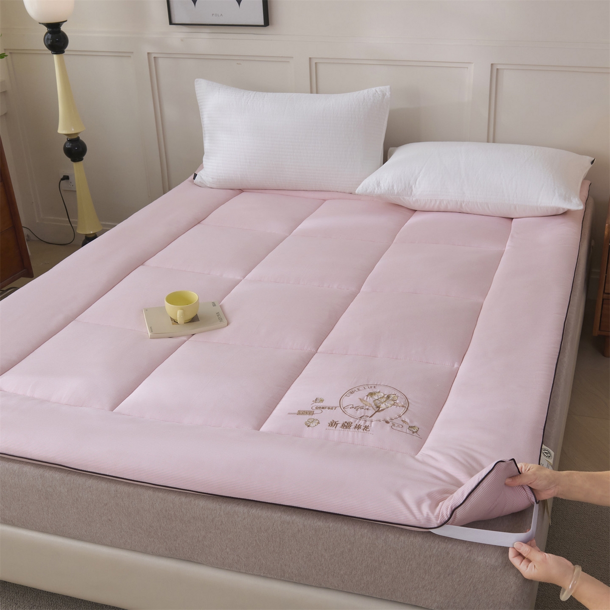 满圆红家纺 2025新款刺绣款A类51%新疆棉花床褥垫软垫棉絮垫子床褥垫子（提供买家秀） 条纹-粉玉