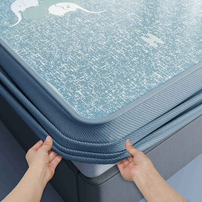 91家纺网 家纺一手货源 找家纺 小叮当家纺仓储工厂店 2025新款凉感三明治冰丝席凉席-芳华系列-床笠款-版本二 芳华床笠-卡通小象（蓝）