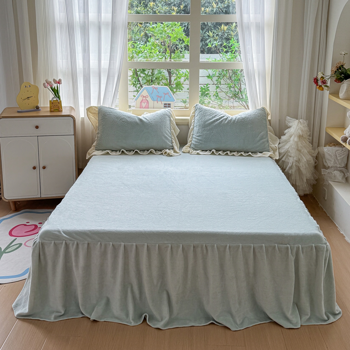 91家纺网 家纺一手货源 找家纺 KA家纺 2025新款冬雕花牛奶绒床裙款四件套-织梦系列 织梦蓝