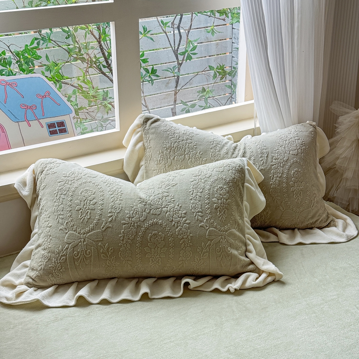 91家纺网 家纺一手货源 找家纺 KA家纺 2025新款冬雕花牛奶绒床裙款四件套-织梦系列 织梦绿