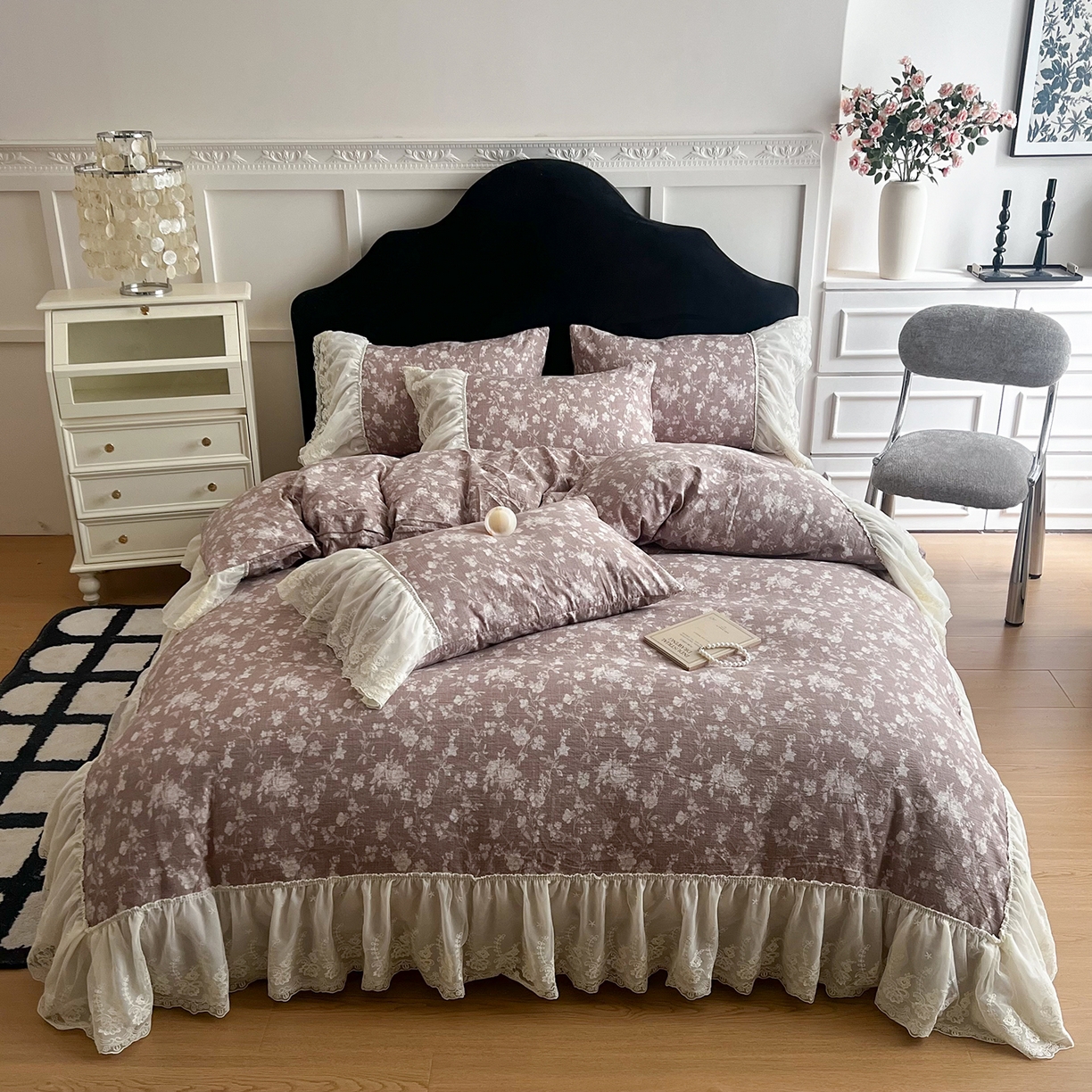 91家纺网 家纺一手货源 找家纺 吾欢心 2025新款高端定制法式复古双层蕾丝花边加厚水洗原麻四件套 玛格丽