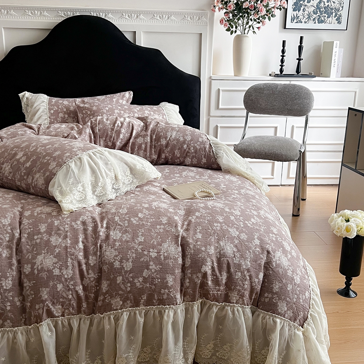 91家纺网 家纺一手货源 找家纺 吾欢心 2025新款高端定制法式复古双层蕾丝花边加厚水洗原麻四件套 玛格丽