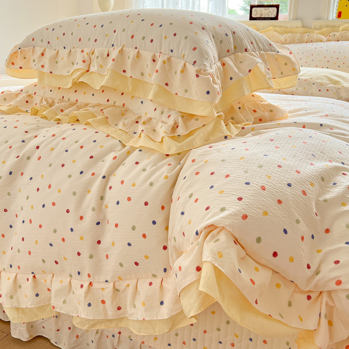 91家纺网 家纺一手货源 找家纺 （总）富米莱（原臻工厂） 2025新款双层花边高克重亲肤棉云柔棉床盖床单四件套