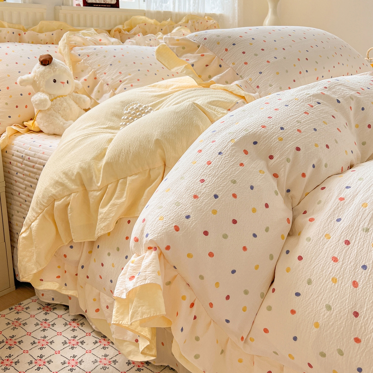 91家纺网 家纺一手货源 找家纺 （总）富米莱（原臻工厂） 2025新款双层花边高克重亲肤棉云柔棉床盖床单四件套