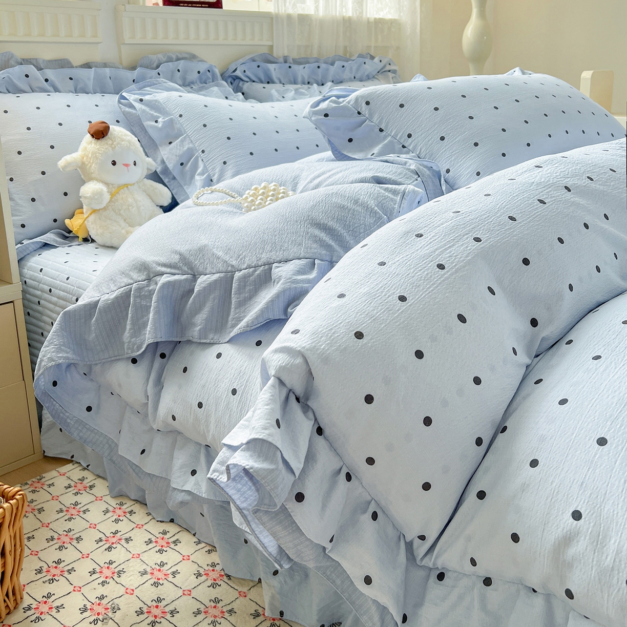 91家纺网 家纺一手货源 找家纺 富米莱（原臻工厂） 2025新款双层花边高克重亲肤棉云柔棉床盖床单四件套 蓝波点