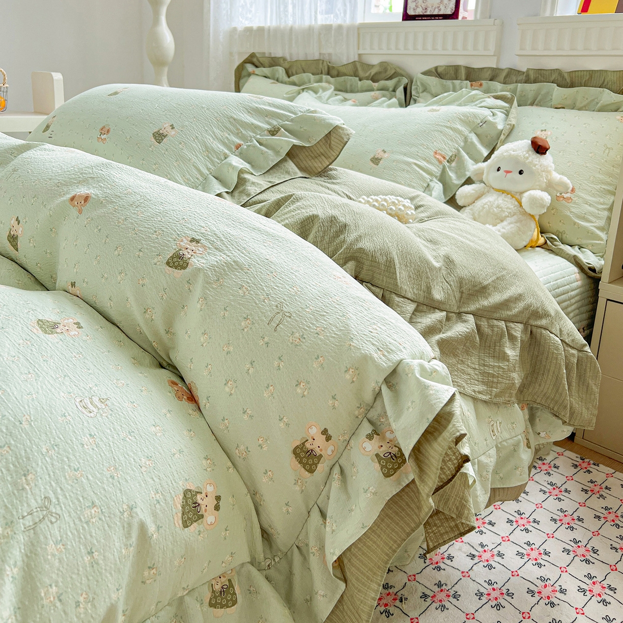 91家纺网 家纺一手货源 找家纺 （总）富米莱（原臻工厂） 2025新款双层花边高克重亲肤棉云柔棉床盖床单四件套