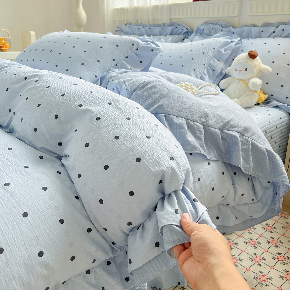 91家纺网 家纺一手货源 找家纺 富米莱（原臻工厂） 2025新款双层花边高克重亲肤棉云柔棉床盖床单四件套 蓝波点
