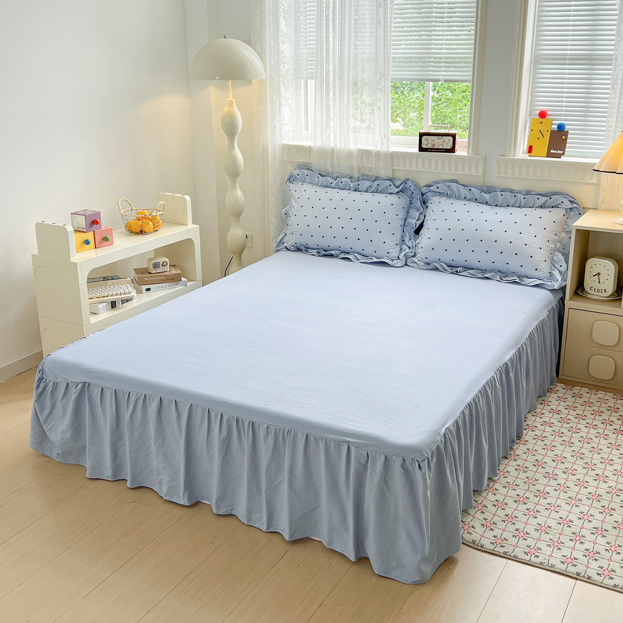 91家纺网 家纺一手货源 找家纺 富米莱（原臻工厂） 2025新款双层花边高克重亲肤棉云柔棉床盖床单四件套 蓝波点