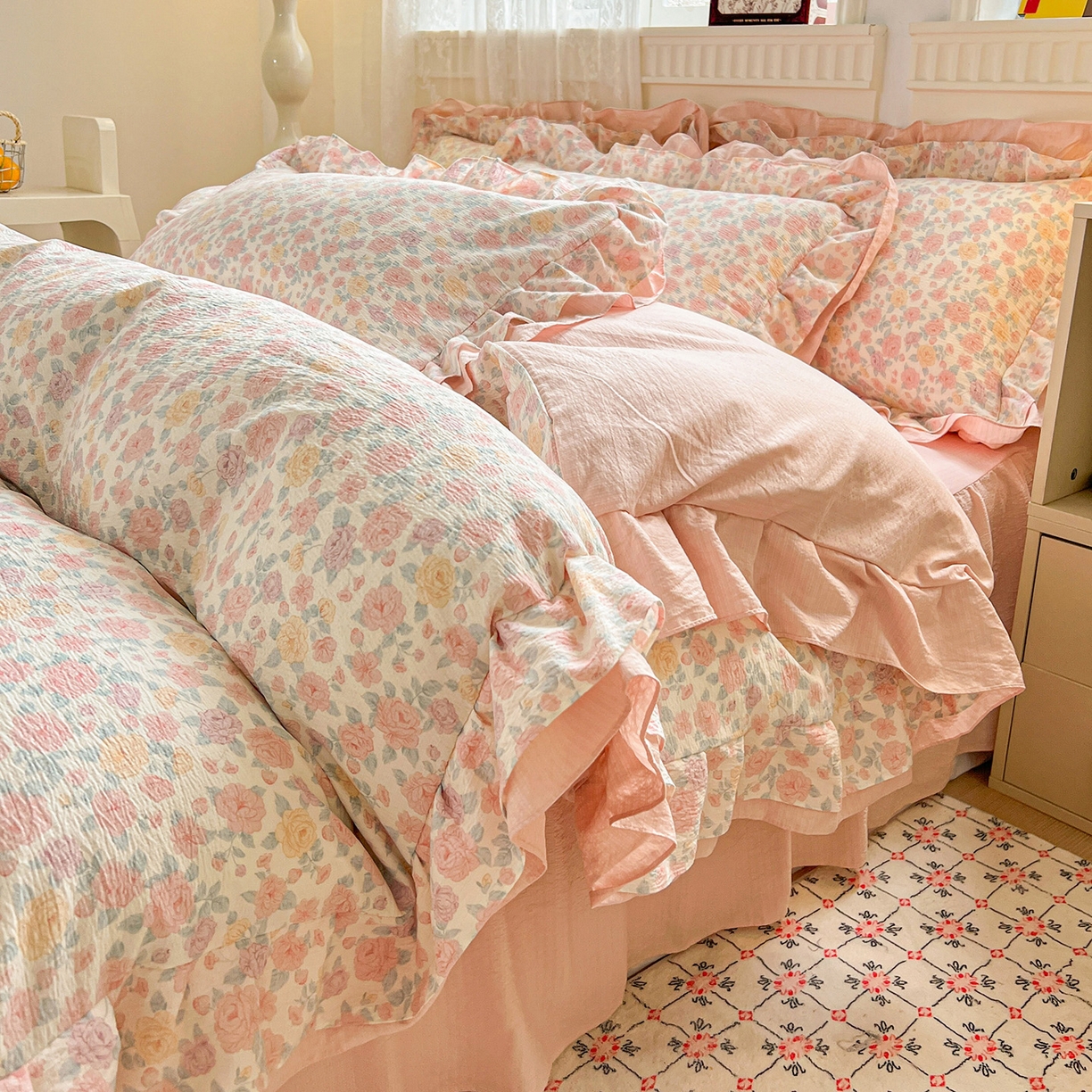 91家纺网 家纺一手货源 找家纺 （总）富米莱（原臻工厂） 2025新款双层花边高克重亲肤棉云柔棉床盖床单四件套