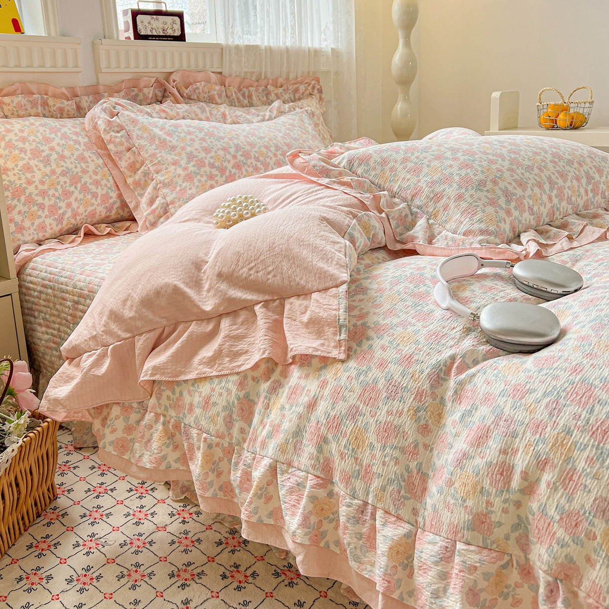 91家纺网 家纺一手货源 找家纺 富米莱（原臻工厂） 2025新款双层花边高克重亲肤棉云柔棉床盖床单四件套 芊芊花海