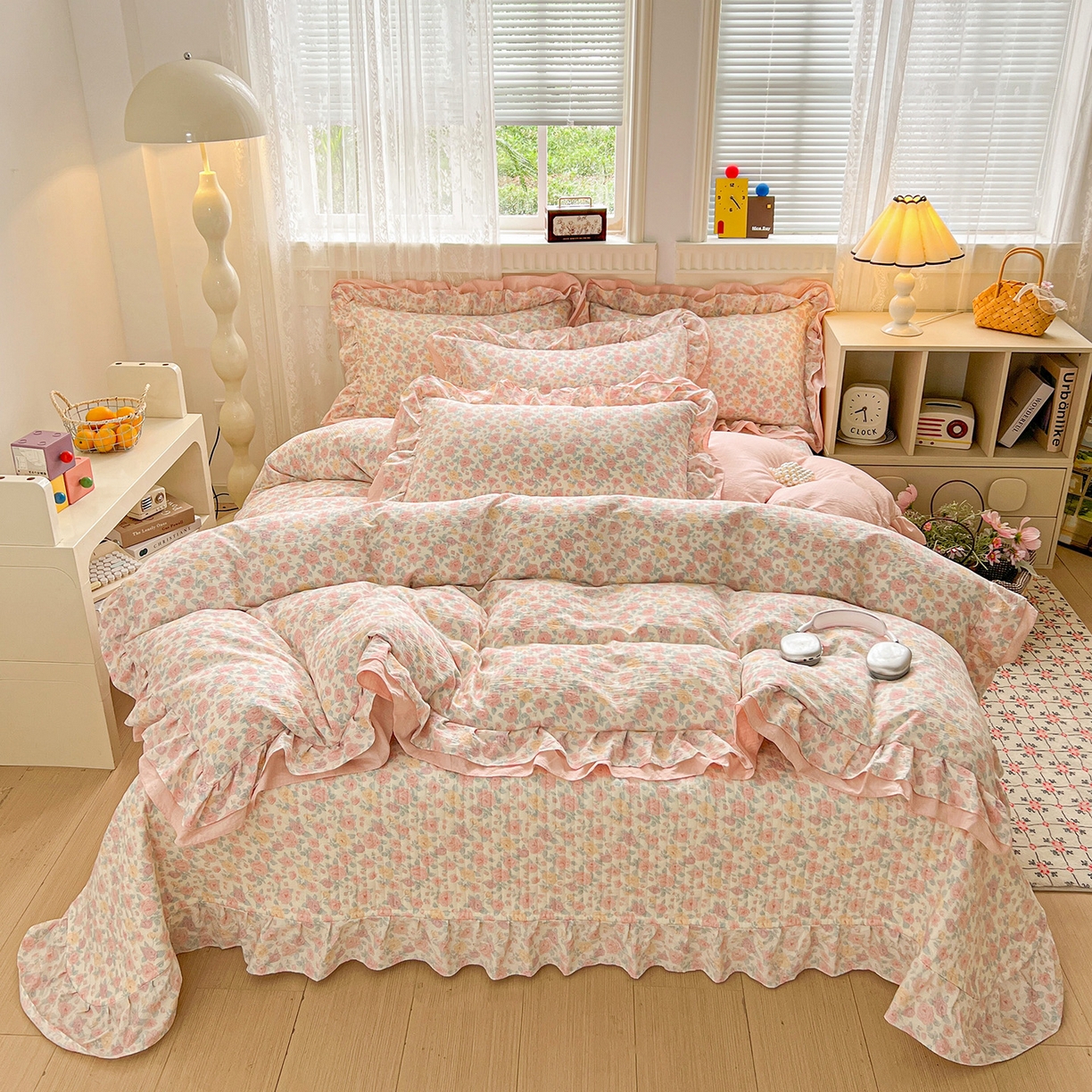 91家纺网 家纺一手货源 找家纺 富米莱（原臻工厂） 2025新款双层花边高克重亲肤棉云柔棉床盖床单四件套 芊芊花海