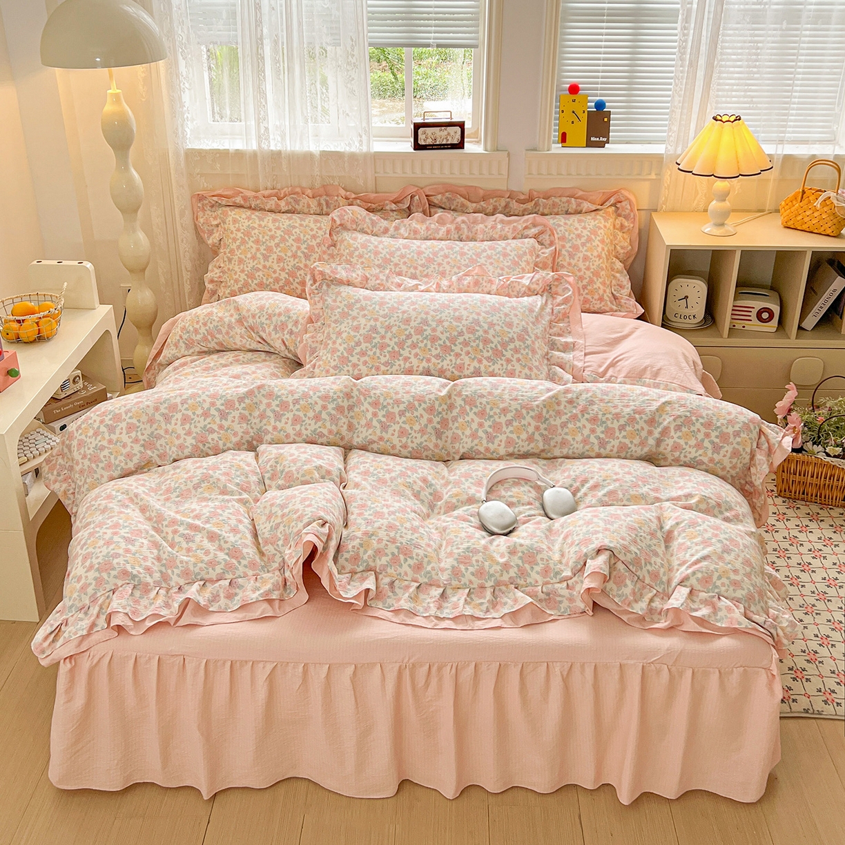 91家纺网 家纺一手货源 找家纺 富米莱（原臻工厂） 2025新款双层花边高克重亲肤棉云柔棉床盖床单四件套 芊芊花海