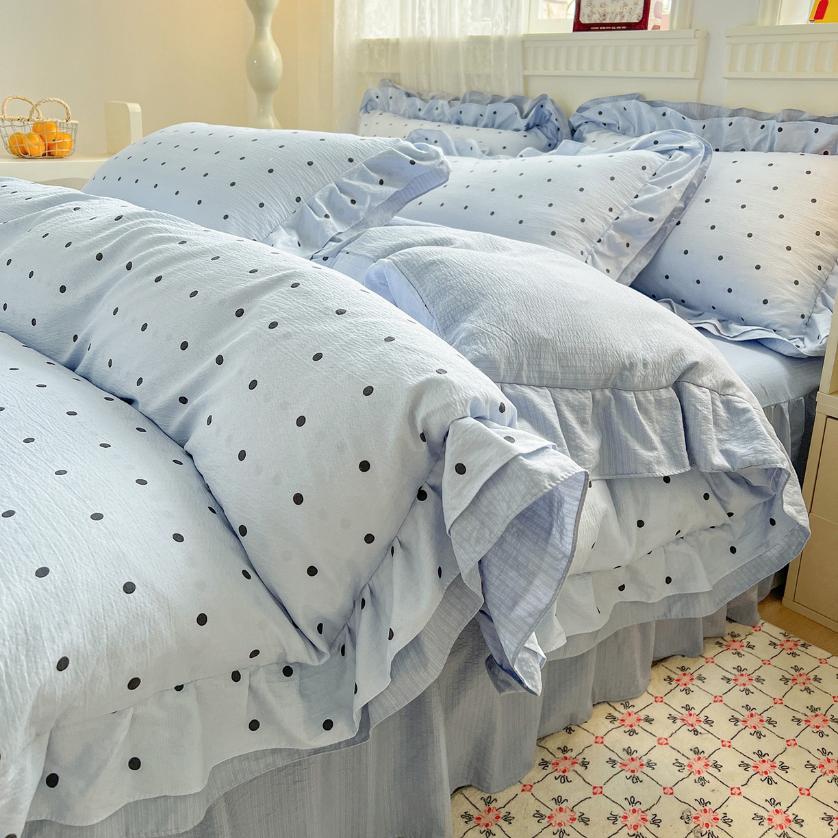 91家纺网 家纺一手货源 找家纺 富米莱（原臻工厂） 2025新款双层花边高克重亲肤棉云柔棉床盖床单四件套 蓝波点