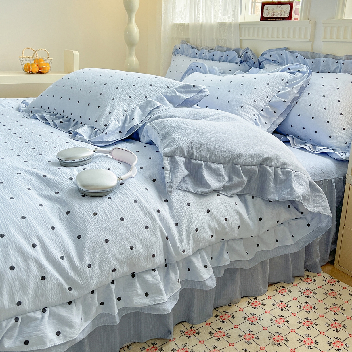 91家纺网 家纺一手货源 找家纺 富米莱（原臻工厂） 2025新款双层花边高克重亲肤棉云柔棉床盖床单四件套 蓝波点