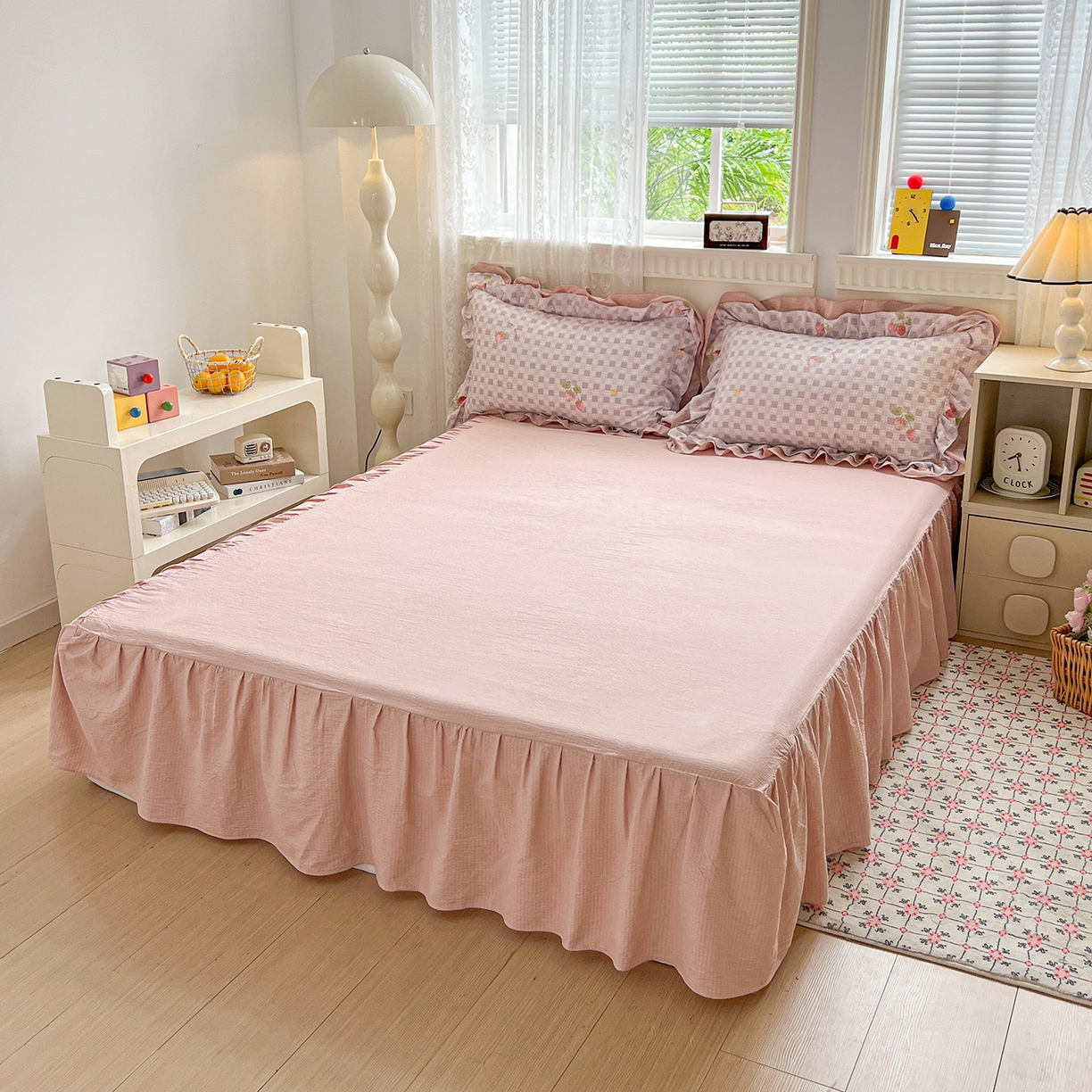 91家纺网 家纺一手货源 找家纺 富米莱（原臻工厂） 2025新款双层花边高克重亲肤棉云柔棉床盖床单四件套 方格草莓