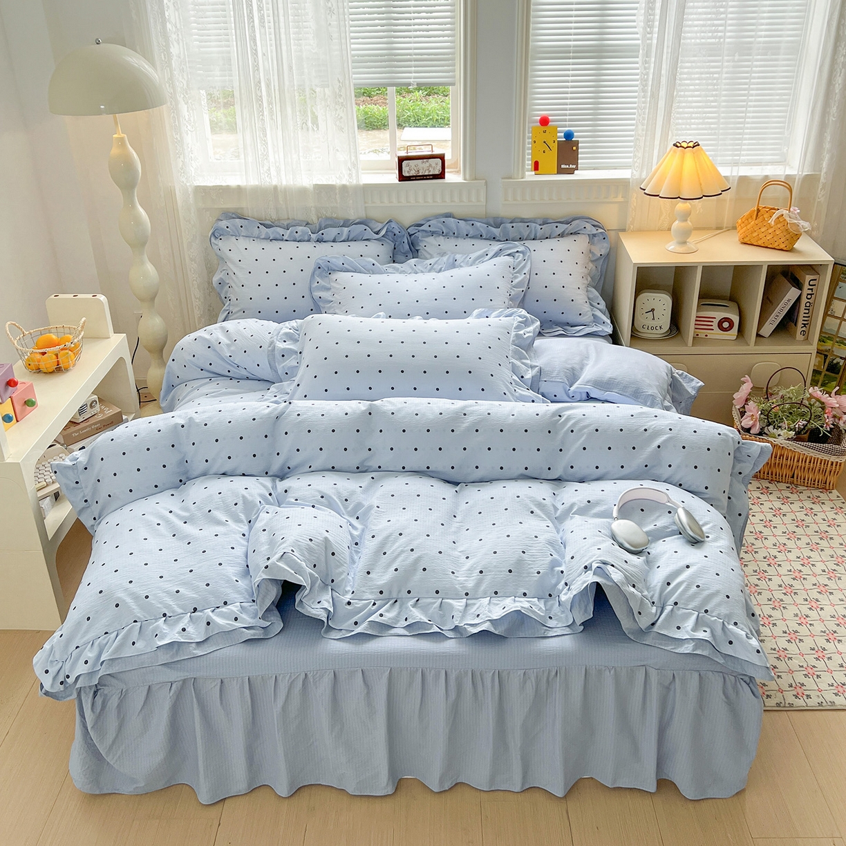 91家纺网 家纺一手货源 找家纺 富米莱（原臻工厂） 2025新款双层花边高克重亲肤棉云柔棉床盖床单四件套 蓝波点