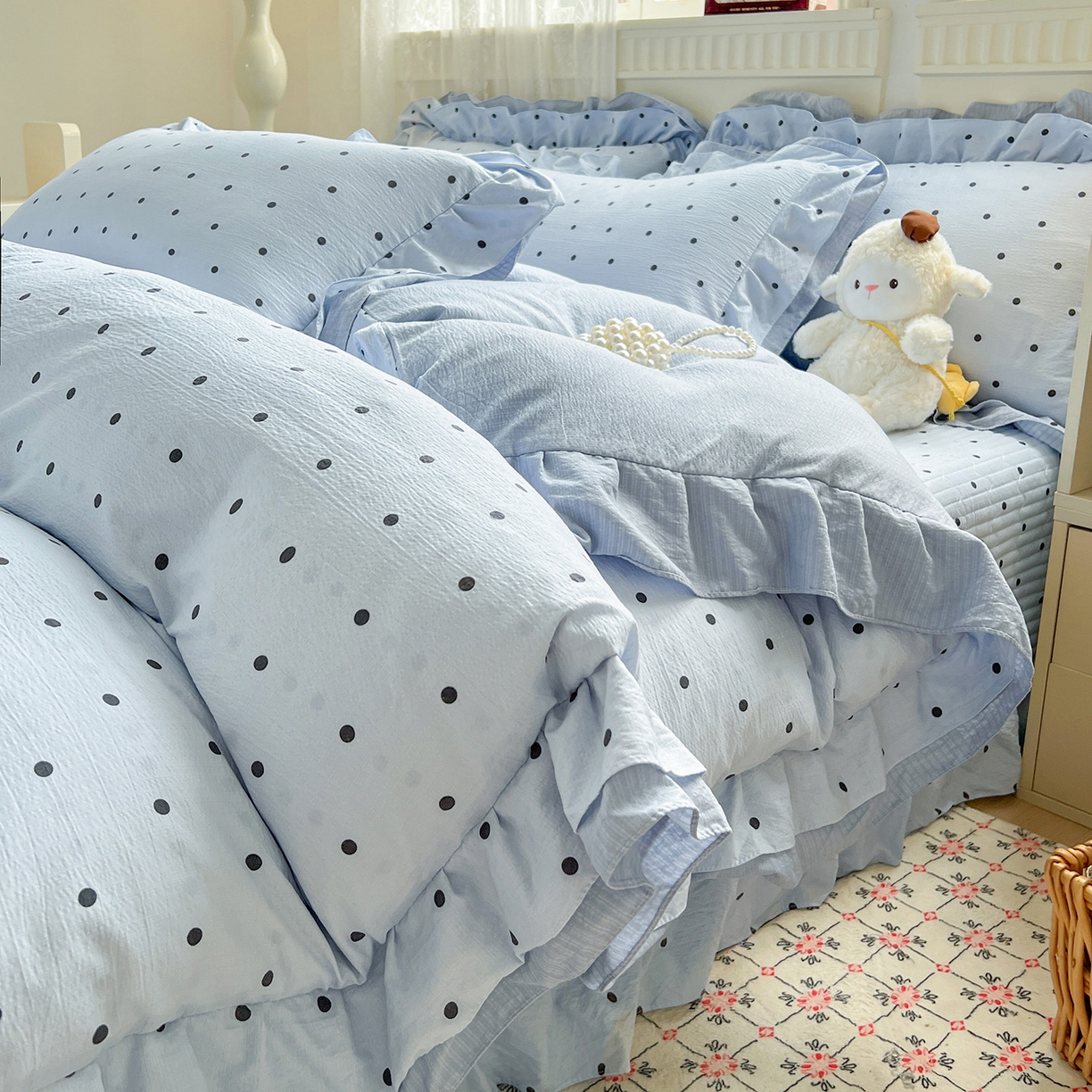 富米莱（原臻工厂） 2025新款双层花边高克重亲肤棉云柔棉床盖床单四件套 蓝波点