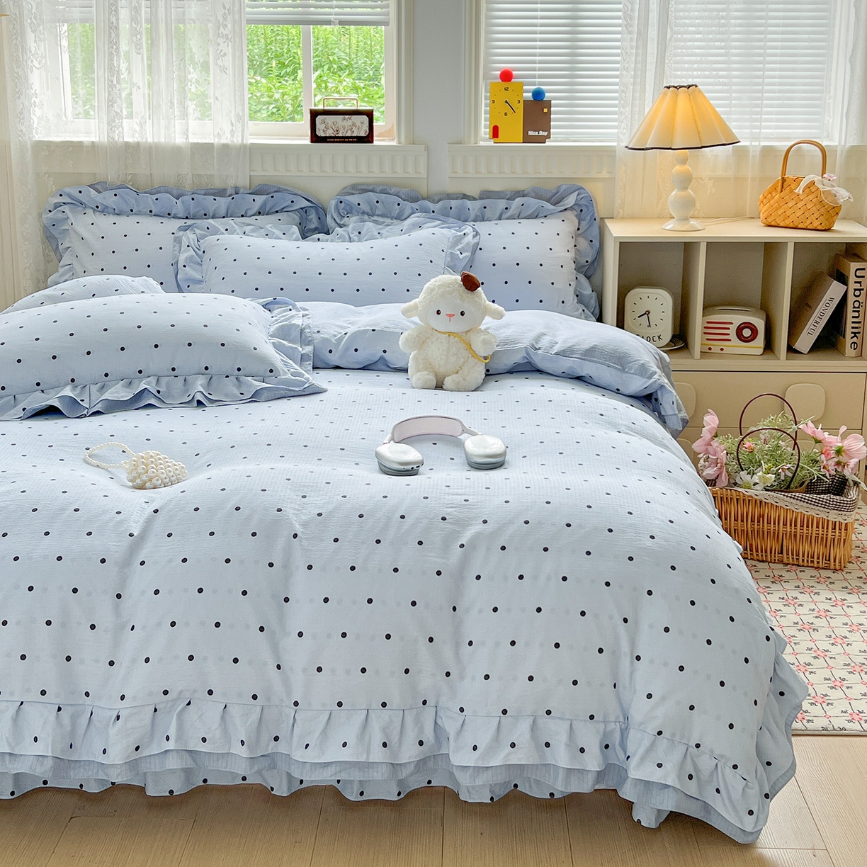 91家纺网 家纺一手货源 找家纺 富米莱（原臻工厂） 2025新款双层花边高克重亲肤棉云柔棉床盖床单四件套 蓝波点