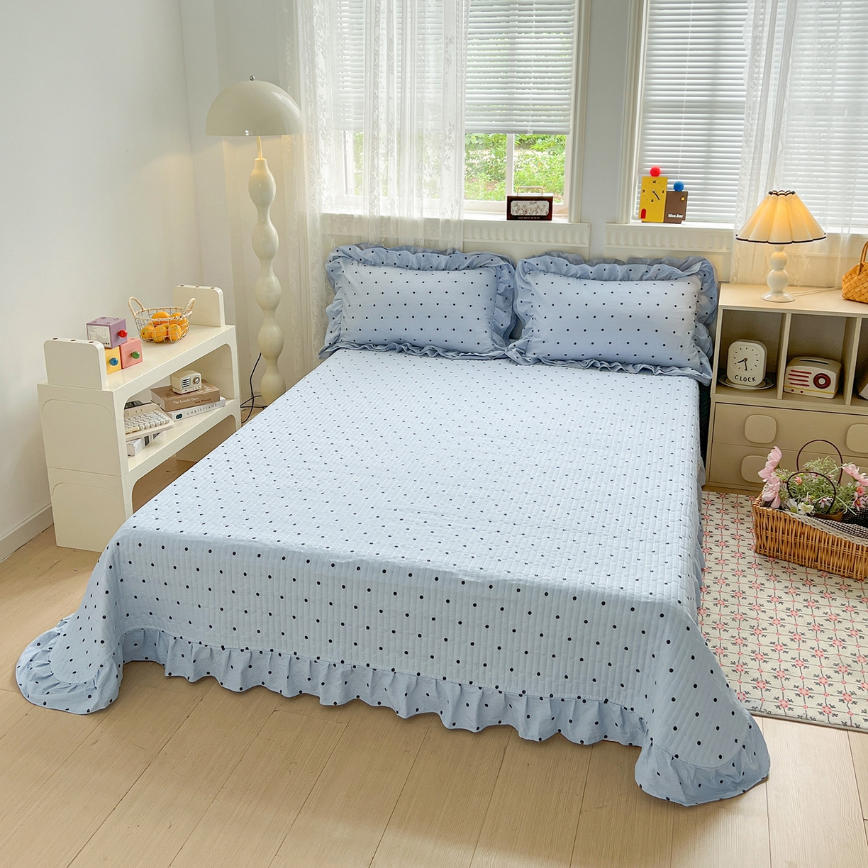 91家纺网 家纺一手货源 找家纺 富米莱（原臻工厂） 2025新款双层花边高克重亲肤棉云柔棉床盖床单四件套 蓝波点