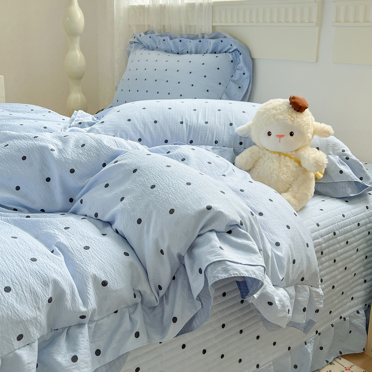 91家纺网 家纺一手货源 找家纺 富米莱（原臻工厂） 2025新款双层花边高克重亲肤棉云柔棉床盖床单四件套 蓝波点