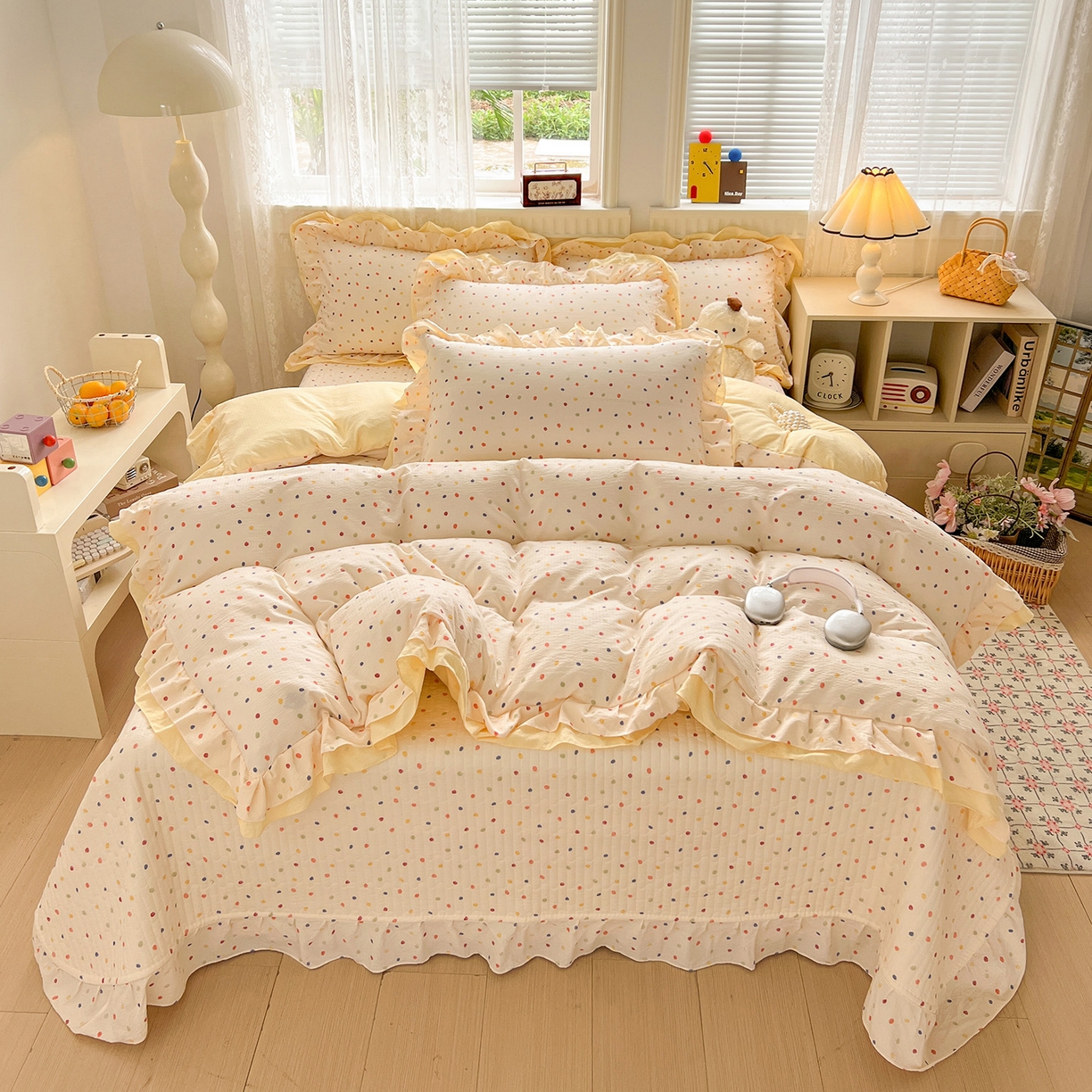 91家纺网 家纺一手货源 找家纺 富米莱（原臻工厂） 2025新款双层花边高克重亲肤棉云柔棉床盖床单四件套 彩波点